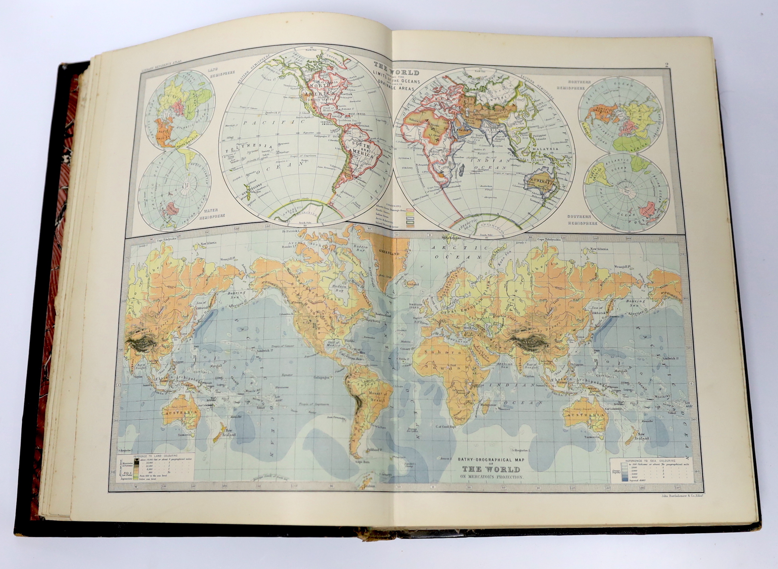 Bartholomew, John - The Library Reference Atlas of the World. 84 d-page coloured maps; contemp. half morocco and cloth, panelled spine, ge. and marbled edges, folio. (1890)